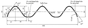 Thrie-beam guardrail dimensions as seem from a top view